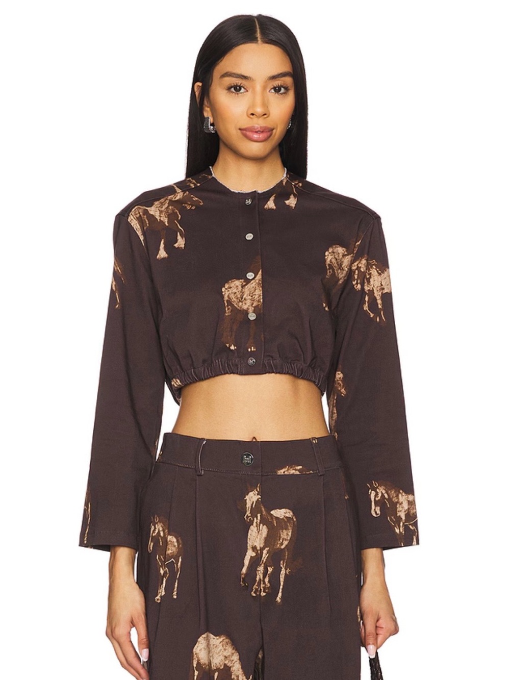 Cropped Horse-Print Button-Front Top - Brown